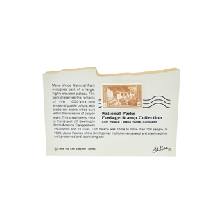 3/4" thick wooden model with Mesa Verde National Park information and a stamp on a white background