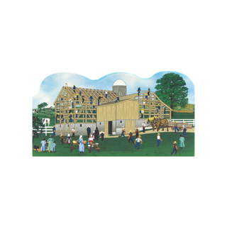 3/4" thick wooden model of a group of amish people building a barn, with cows in the background. 