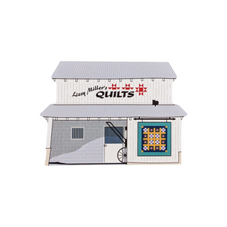 3/4" thick wooden illustration of a white barn with a quilt