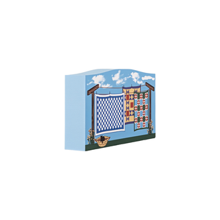 3/4" thick wooden illustration of a clothesline of quilts