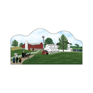 3/4" thick wood illustration of an amish farm, shoing the house, barn, cows, family and buggy. 