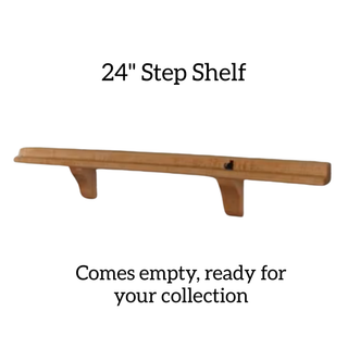 Wooden step shelf with dimensions and text on a white background
