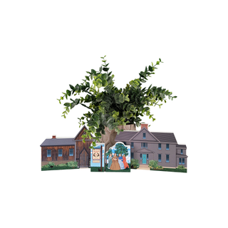 Decorative standee of a house with a tree and a scene of people in front on a white background