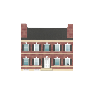 3/4" thick wooden Illustration of a brick building facade with windows and a door.