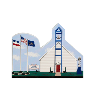 3/4" thick wooden cutout of a church with a bell tower, American flag, and blue flag against a blue sky.