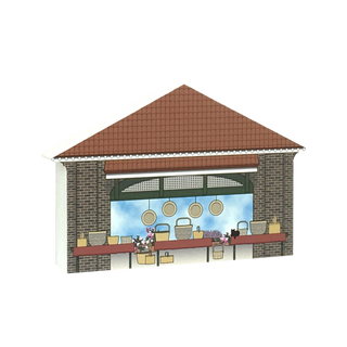 3/4" thick wooden model of a city market shed