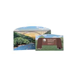 3/4" thick wooden illustrations of two views of a scenic landscape with a bridge and natural scenery, featuring the New River Gorge National River and Preserve sign.