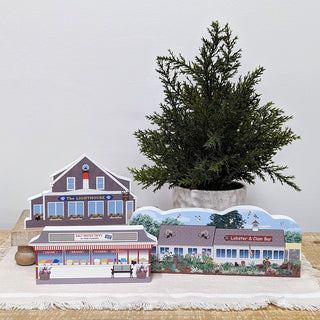 Wooden souvenir replicas of Cape Cod restaurant buildings with a potted plant on a white surface