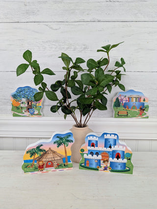 3/4" thick Wooden replica of Daniel Tiger's Neighborhood handcrafted by The Cat's Meow Village in the USA. Licensed by Fred Rogers Productions & PBS Kids.