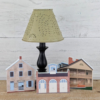 3/4" thick wooden illustrations of buildings on display
