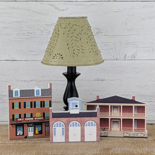 3/4" thick wooden illustrations of buildings on display