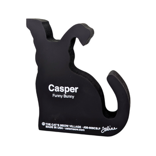 wooden replica black cat that has a pink bow and bunny ears on and the back says Casper funny bunny