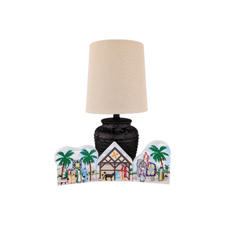 3/4" thick wooden illustrations of a nativity scene on display with a white background