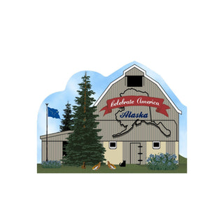 3/4" thick wooden Barn with 'Celebrate America Alaska' sign, trees, and birds on a blue sky background
