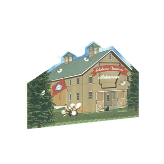 3/4" wooden replica with an illustration of a barn with 'Celebrate America Arkansas' text, surrounded by trees and a flag.