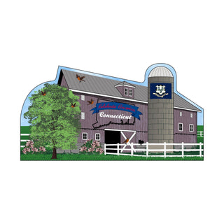 3/4" thick wooden  illustration of a barn with a Connecticut flag, trees, and butterflies.