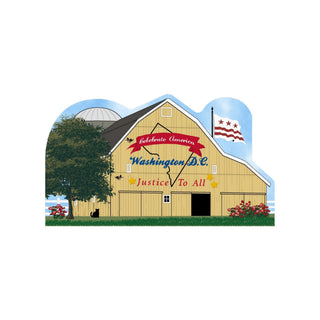 3/4" thick wooden Barn with 'Celebrate America Washington D.C. Justice To All' text and American flag on a blue sky background