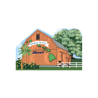 3/4" thick Wooden barn with 'Celebrate America Hawaii' banner and state outline on a blue sky background