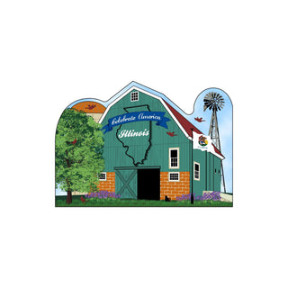 3/4" thick wooden Illustration of a barn with Illinois state outline and 'Celebrate America Illinois' text, surrounded by nature elements.