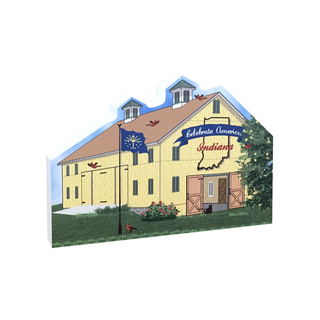 3/4" thick wooden Barn with Indiana flag and 'Celebrate America Indiana' sign on a white background