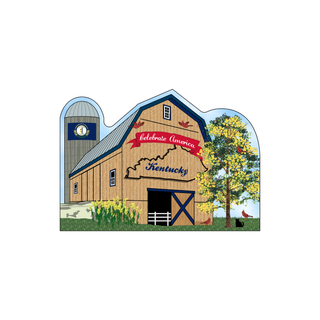 3/4" thick wooden Barn with 'Celebrate America Kentucky' banner, silo, and trees on a white background
