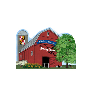 3/4" thick wooden Red barn with 'Celebrate America Maryland' text, tree, and silo with Maryland flag.