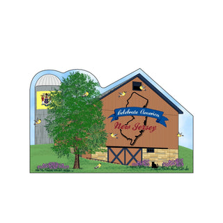 3/4" thick wooden Barn with 'Celebrate America New Jersey' sign, tree, and silo with New Jersey flag.