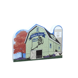 3/4" thick wooden cutout  of a barn with chickens and a tree, featuring 'Celebrate America Rhode Island' text.