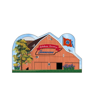 3/4" thick wooden cutout of a Red barn with 'Celebrate America Tennessee' text, surrounded by trees and flowers.