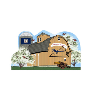 3/4" thick wooden cutout of a Barn with 'Celebrate America Virginia' on a blue background