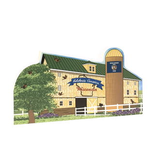 3/4" thick wooden cutout of  a barn with a silo, trees, and flowers, featuring 'Celebrate America Wisconsin' text.