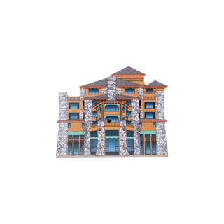 3/4" wooden replica with an illustration of a multi-story building with stone and wood exterior
