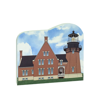 3/4" thick wooden replica with an Illustration of a lighthouse design on a white background