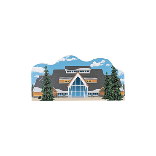 3/4" wooden replica with an illustration of a building with a blue sky and trees on a white background