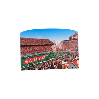 3/4" thick wooden replica with an illustration with a Stadium with 'OHIO' on the field, likely representing Ohio State University, on a white background.