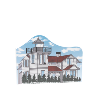 3/4" thick wooden replica with an Illustration of a lighthouse design on a white background