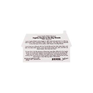 3/4" thick wooden figurine with text about Laura Ingalls Wilder and her experiences, set against a white background.