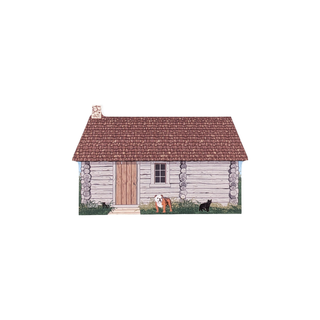 3/4" thick wooden figurine of aLog cabin with a dog and cats in front on a white background