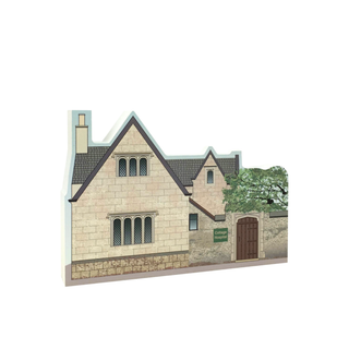 3/4" thick wooden Illustration of a stone building with architectural details on a white background