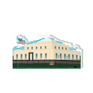 3/4" thick wooden Illustration of a building with an American flag on a white background