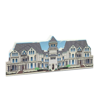 3/4" thick wooden cutout  of a large, ornate house with a prominent tower on a white background