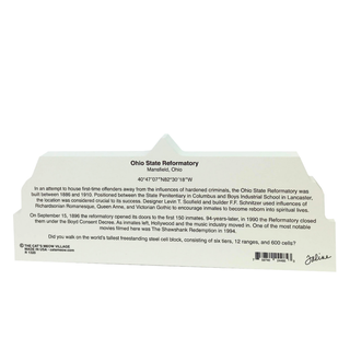 3/4" thick wooden cutout of Ohio State Reformatory with text on a white background