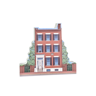 3/4" thick wooden Illustration of a red brick building with black shutters on a white background