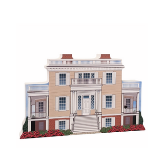 3/4" thick wooden cutout of a two-story house with a balcony on a white background