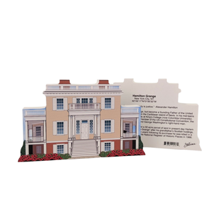 3/4" thick wooden cutout  a building with a descriptive card on a white background