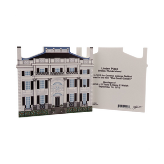 3/4" thick wooden cutout with architectural design of Linden Place in Bristol, Rhode Island, and text about its history.