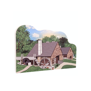 3/4" thick wooden  model of a watermill with a scenic background