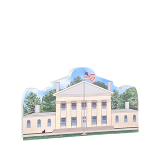 3/4" thick wooden cutout of  a building with an American flag on a white background