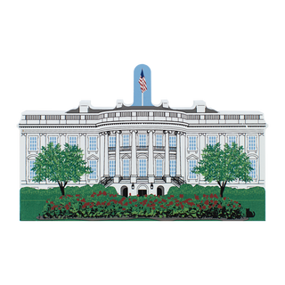 3/4" thick wooden illustration of a white house building with trees and flowers in front
