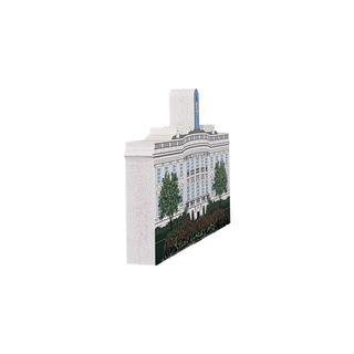 3/4" thick wooden illustration of a white house building with trees and flowers in front